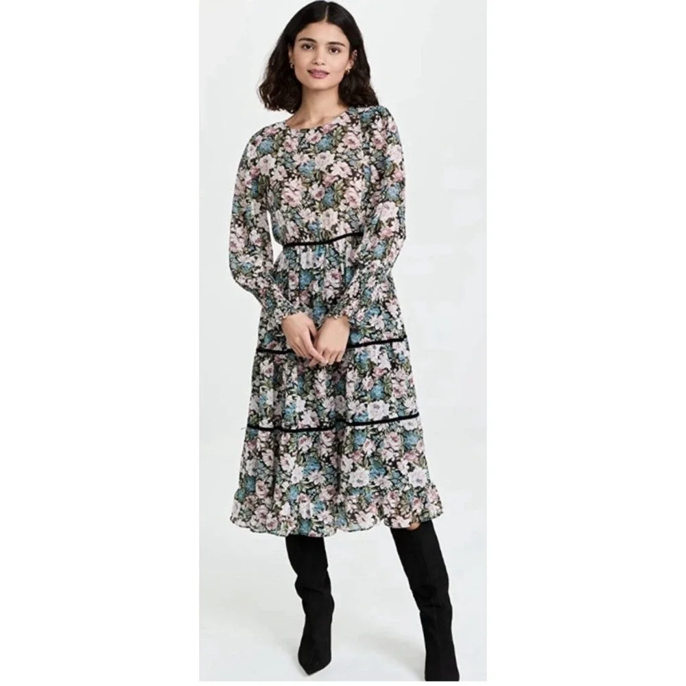 En Saison Floral Midi Dress Small Tiered Pastel Chiffon Rose‎ Cottagecore